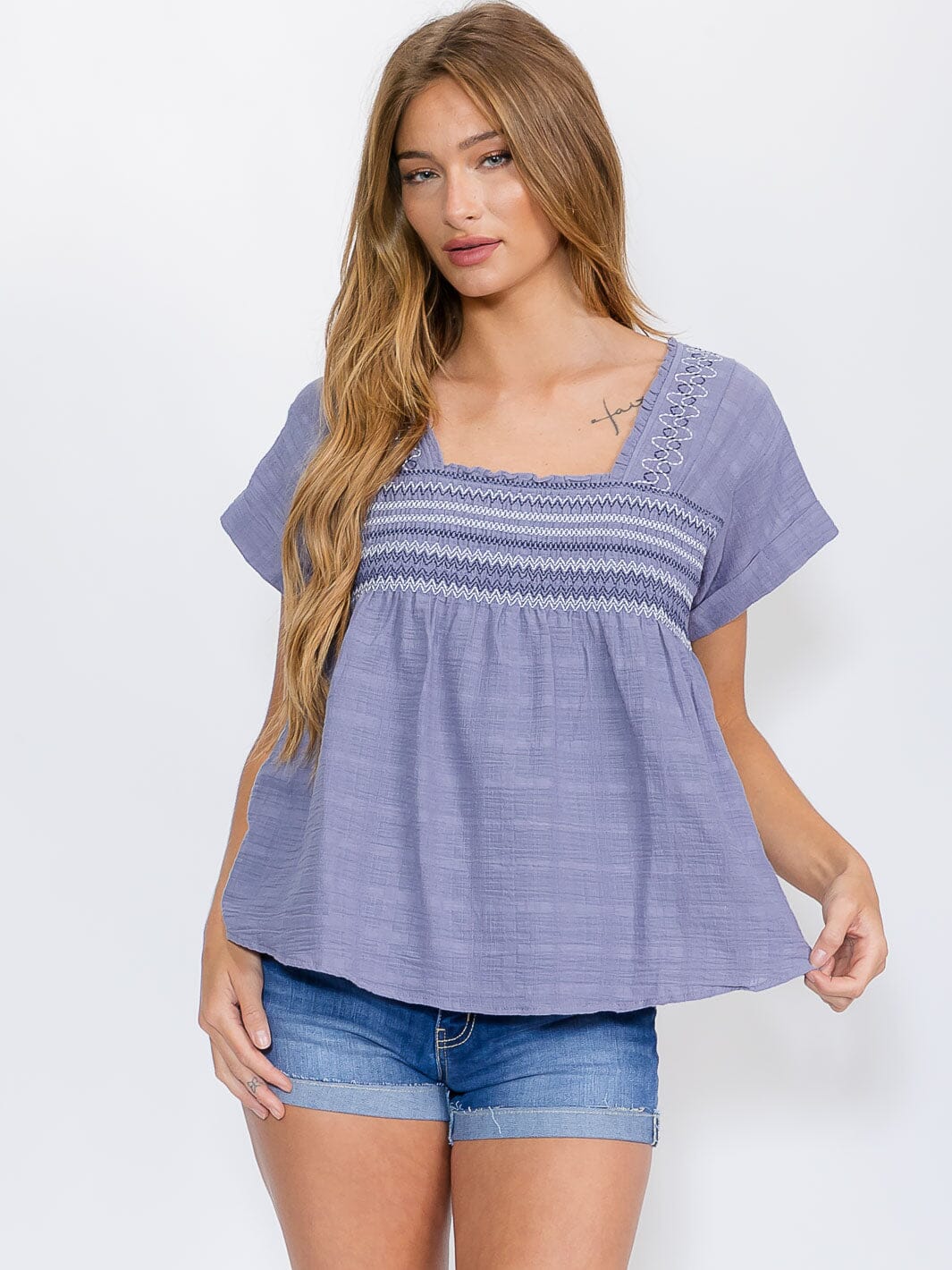 WOMEN'S SHORT SLEEVE SQUARE NECK EMBROIDERY TUNIC BLOUSE