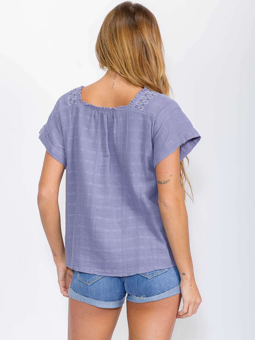 WOMEN'S SHORT SLEEVE SQUARE NECK EMBROIDERY TUNIC BLOUSE