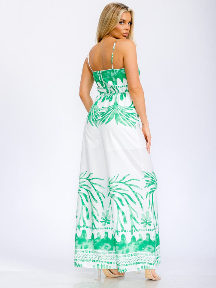 WOMEN'S SLEEVELESS V-NECJ CHAIN DETAILED STRAPS WIDE LEG JUMPSUIT