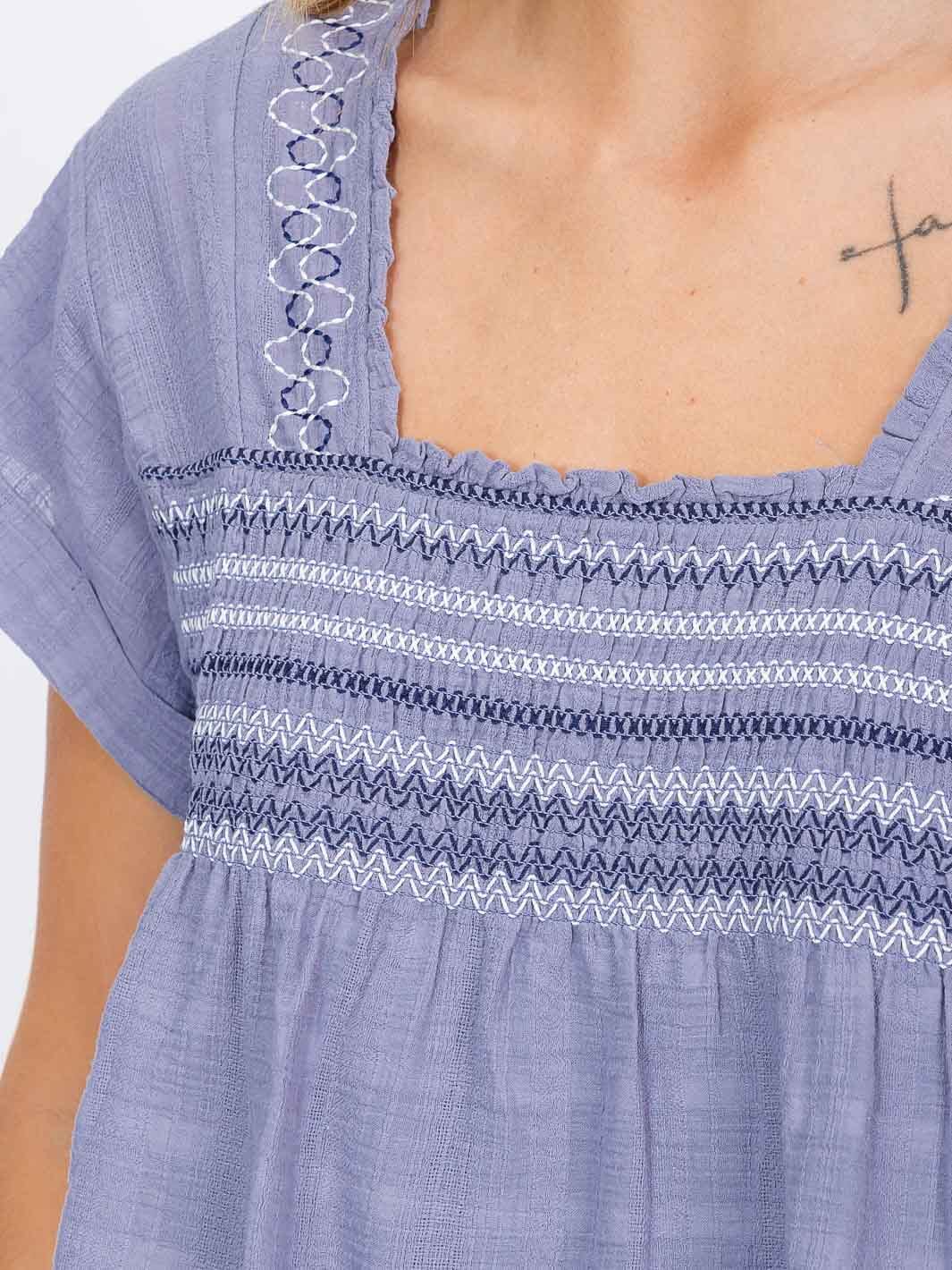 WOMEN'S SHORT SLEEVE SQUARE NECK EMBROIDERY TUNIC BLOUSE