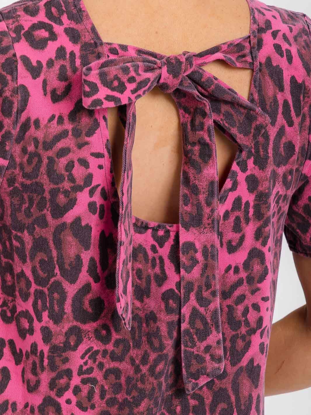 WOMEN'S SHORT SLEEVE BACK TIE ANIMAL PRINT DENIM MINI DRESS
