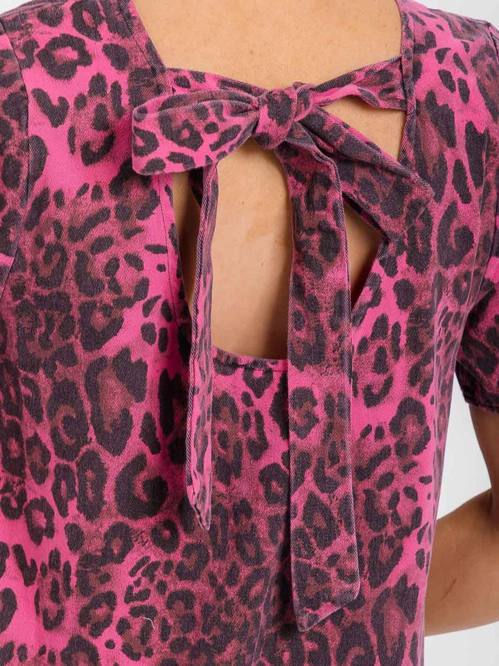 WOMEN'S SHORT SLEEVE BACK TIE ANIMAL PRINT DENIM MINI DRESS