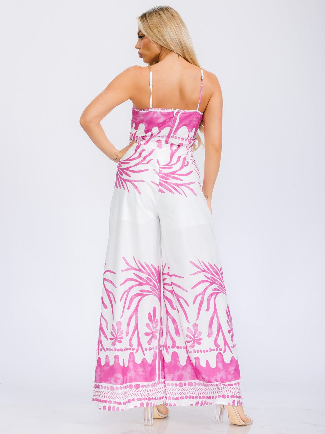 WOMEN'S SLEEVELESS V-NECJ CHAIN DETAILED STRAPS WIDE LEG JUMPSUIT