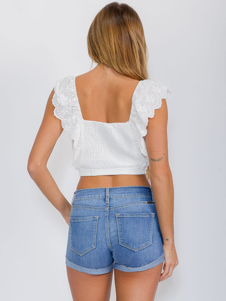 WOMEN'S SLEEVELESS RUFFLE SQUARE NECK CROP TOP