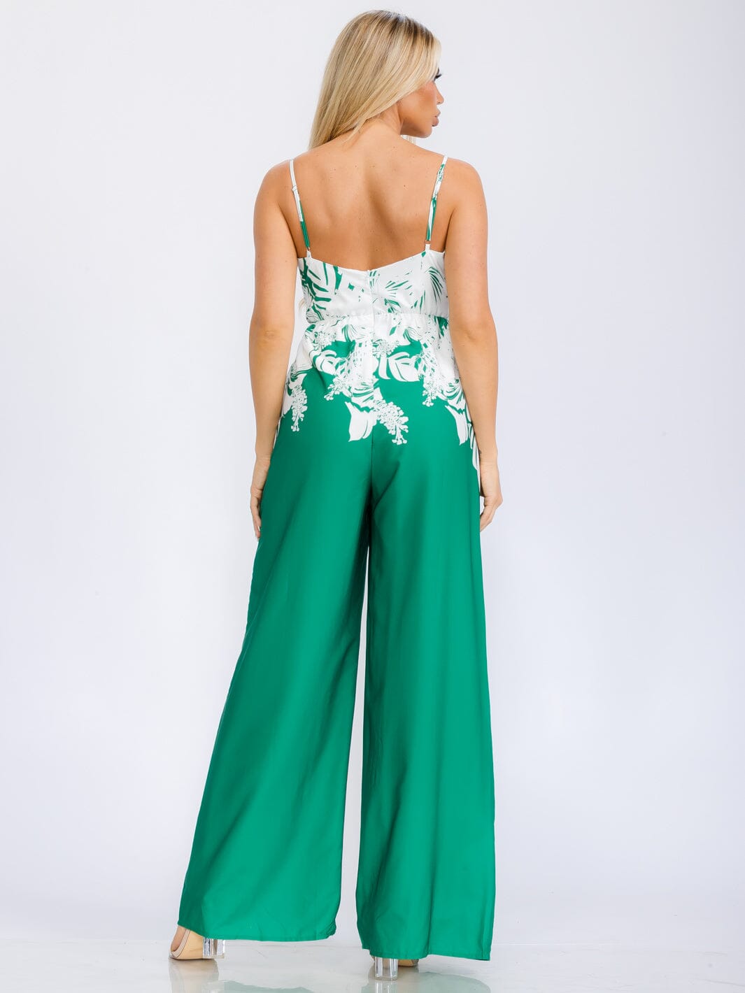 WOMEN'S SLEEVELESS V-NECK BELTED MULTI PRINT WIDE LEG JUMPSUIT