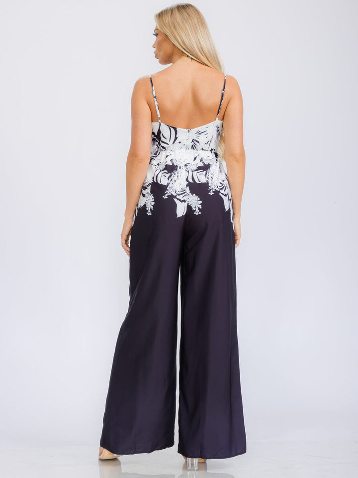 WOMEN'S SLEEVELESS V-NECK BELTED MULTI PRINT WIDE LEG JUMPSUIT