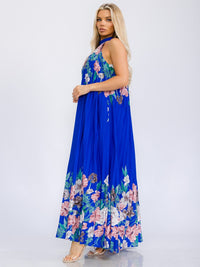 WOMEN'S SLEEVELESS HALTER NECK PLEATED FLORAL MAXI DRESS