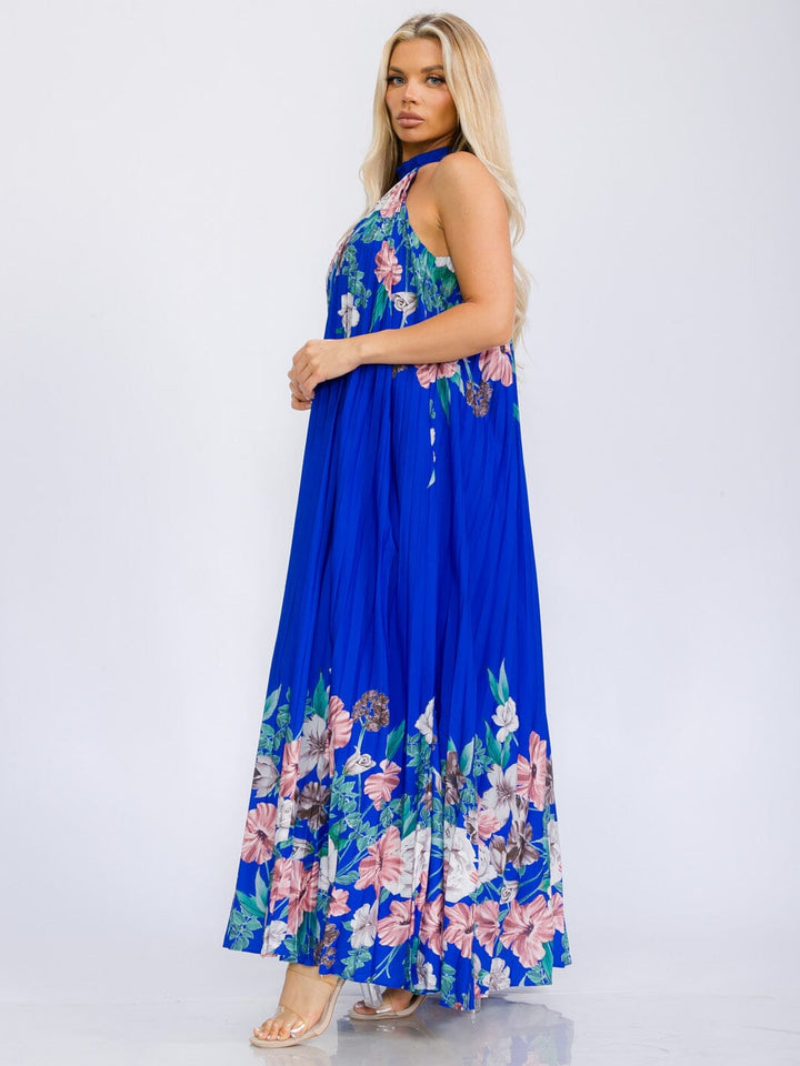 WOMEN'S SLEEVELESS HALTER NECK PLEATED FLORAL MAXI DRESS