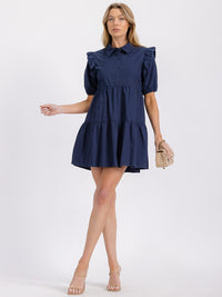 WOMEN'S SHORT PUFF SLEEVE BUTTON UP FRONT POCKETS TIERED TUNIC MINI DRESS