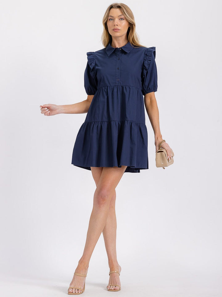 WOMEN'S SHORT PUFF SLEEVE BUTTON UP FRONT POCKETS TIERED TUNIC MINI DRESS