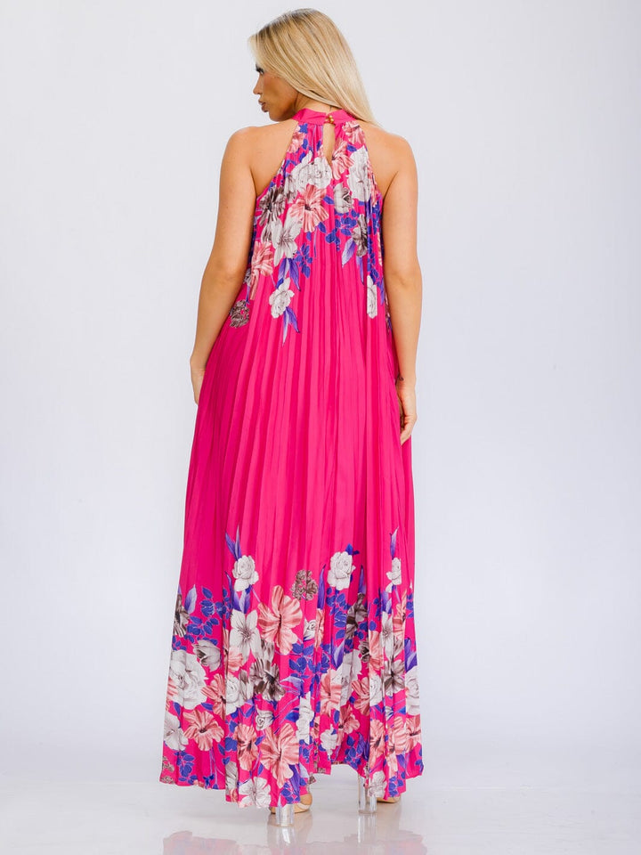 WOMEN'S SLEEVELESS HALTER NECK PLEATED FLORAL MAXI DRESS