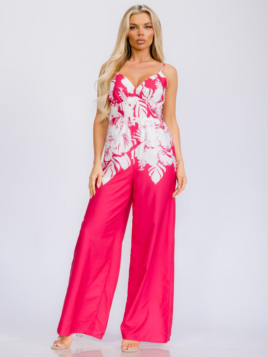 WOMEN'S SLEEVELESS V-NECK BELTED MULTI PRINT WIDE LEG JUMPSUIT