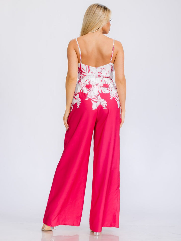 WOMEN'S SLEEVELESS V-NECK BELTED MULTI PRINT WIDE LEG JUMPSUIT