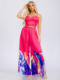 WOMEN'S SLEEVELESS CROP TOP & ELASIC WAIST WIDE LEG PANTS FLORAL 2PC. SET