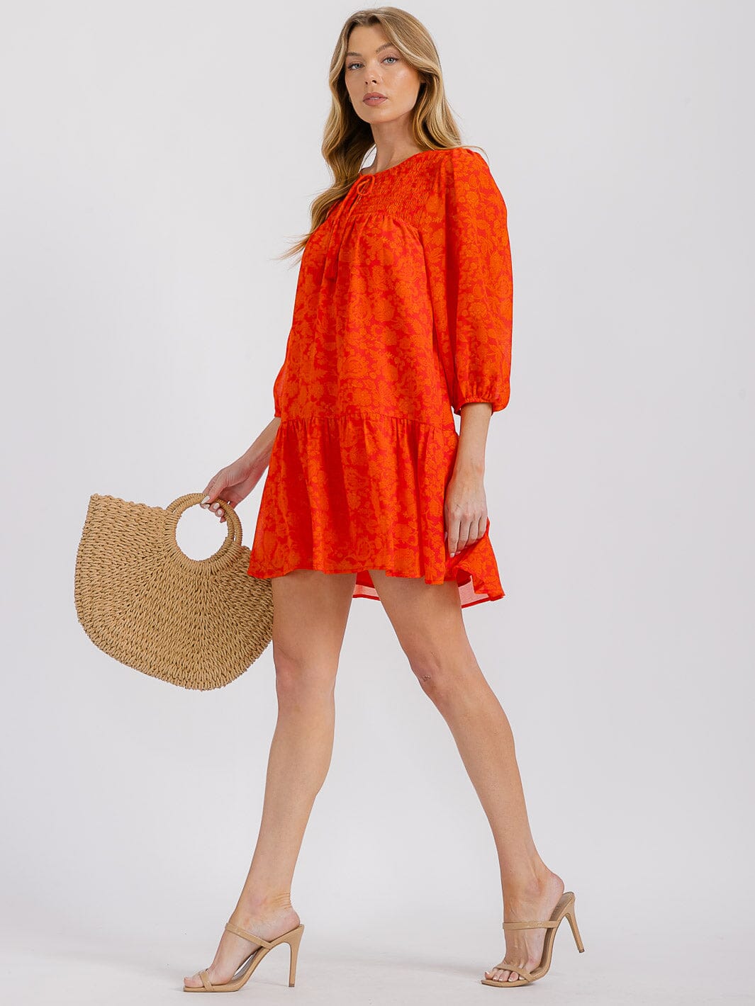 WOMEN'S 3/4 SLEEVELESS FRONT POCKETS V-NECK TIERED FLORAL MINI DRESS