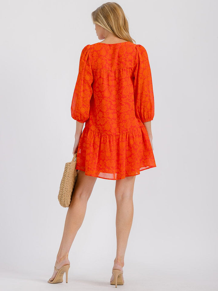 WOMEN'S 3/4 SLEEVELESS FRONT POCKETS V-NECK TIERED FLORAL MINI DRESS