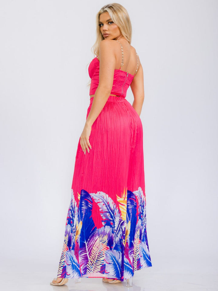WOMEN'S SLEEVELESS CROP TOP & ELASIC WAIST WIDE LEG PANTS FLORAL 2PC. SET
