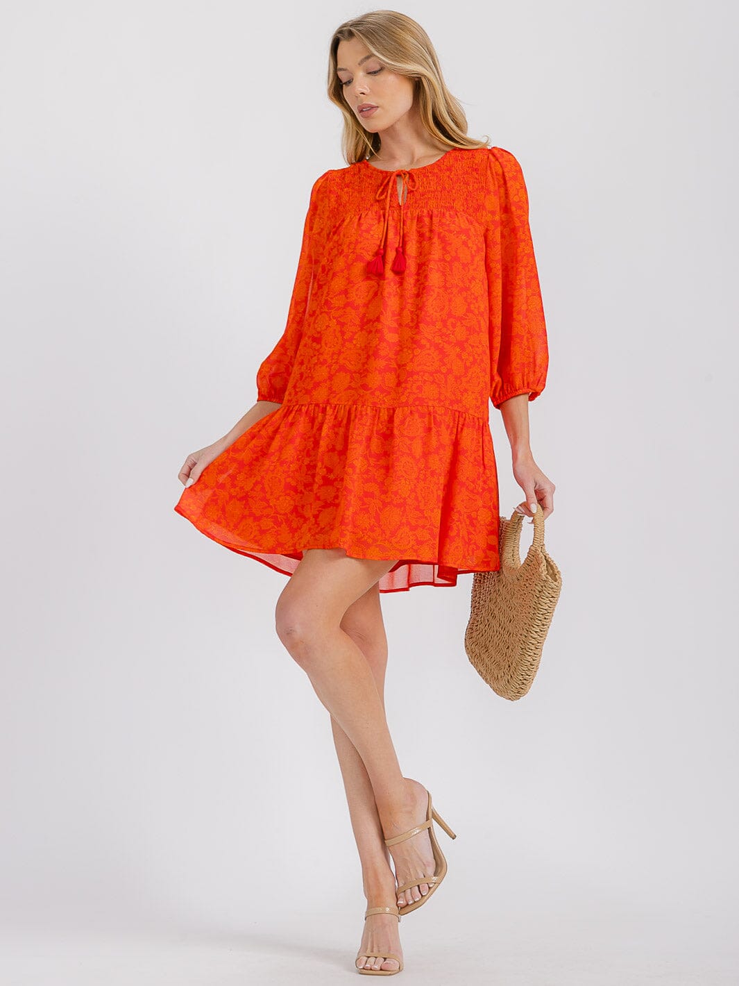 WOMEN'S 3/4 SLEEVELESS FRONT POCKETS V-NECK TIERED FLORAL MINI DRESS