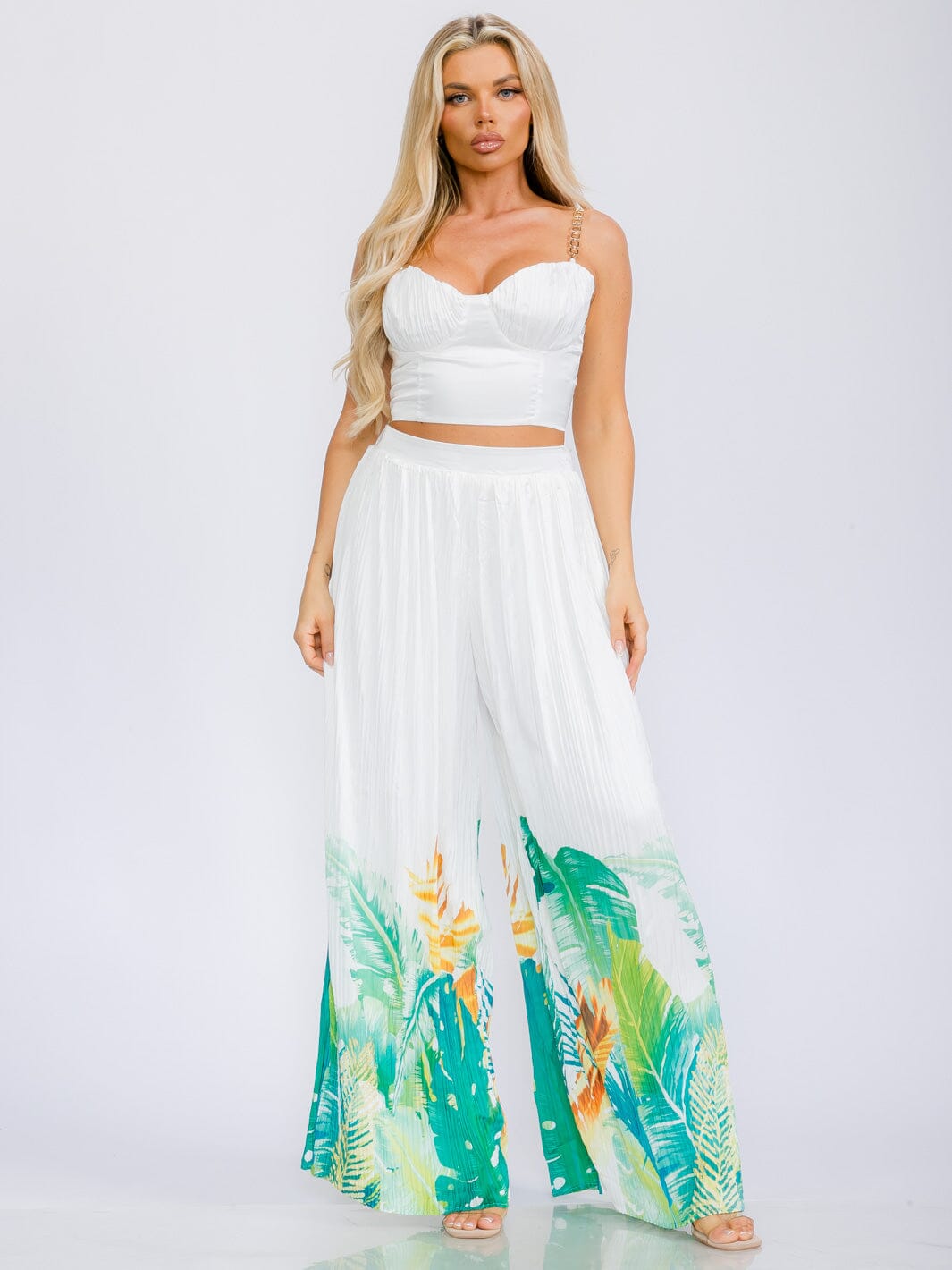 WOMEN'S SLEEVELESS CROP TOP & ELASIC WAIST WIDE LEG PANTS FLORAL 2PC. SET