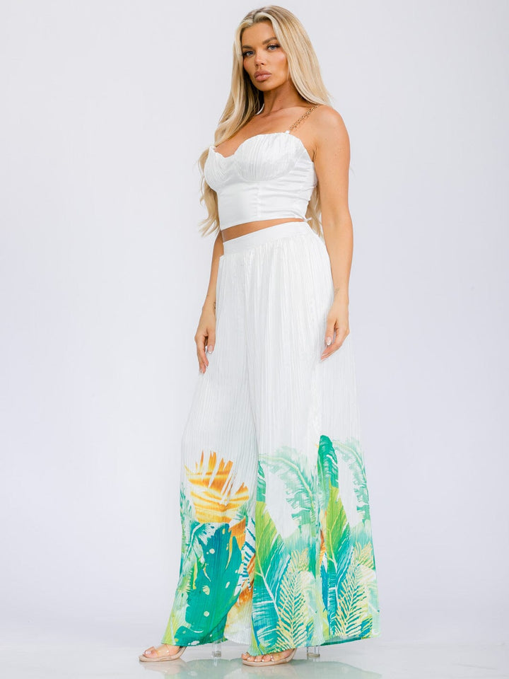 WOMEN'S SLEEVELESS CROP TOP & ELASIC WAIST WIDE LEG PANTS FLORAL 2PC. SET