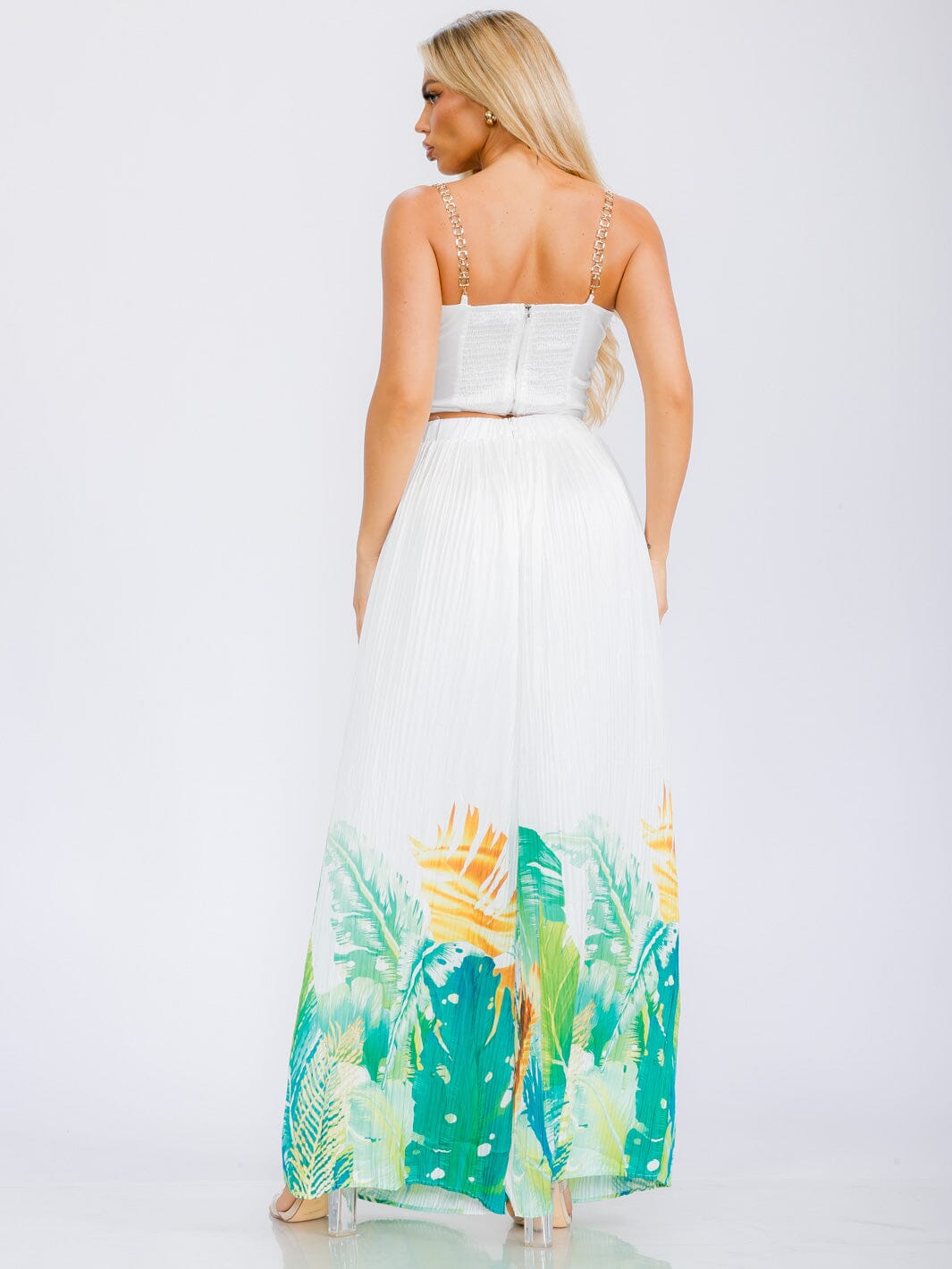 WOMEN'S SLEEVELESS CROP TOP & ELASIC WAIST WIDE LEG PANTS FLORAL 2PC. SET