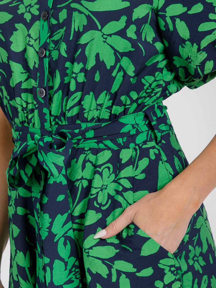 WOMEN'S SHORT SLEEVE BUTTON UP SELF TIE FRONT POCKETS FLORAL ROMPER