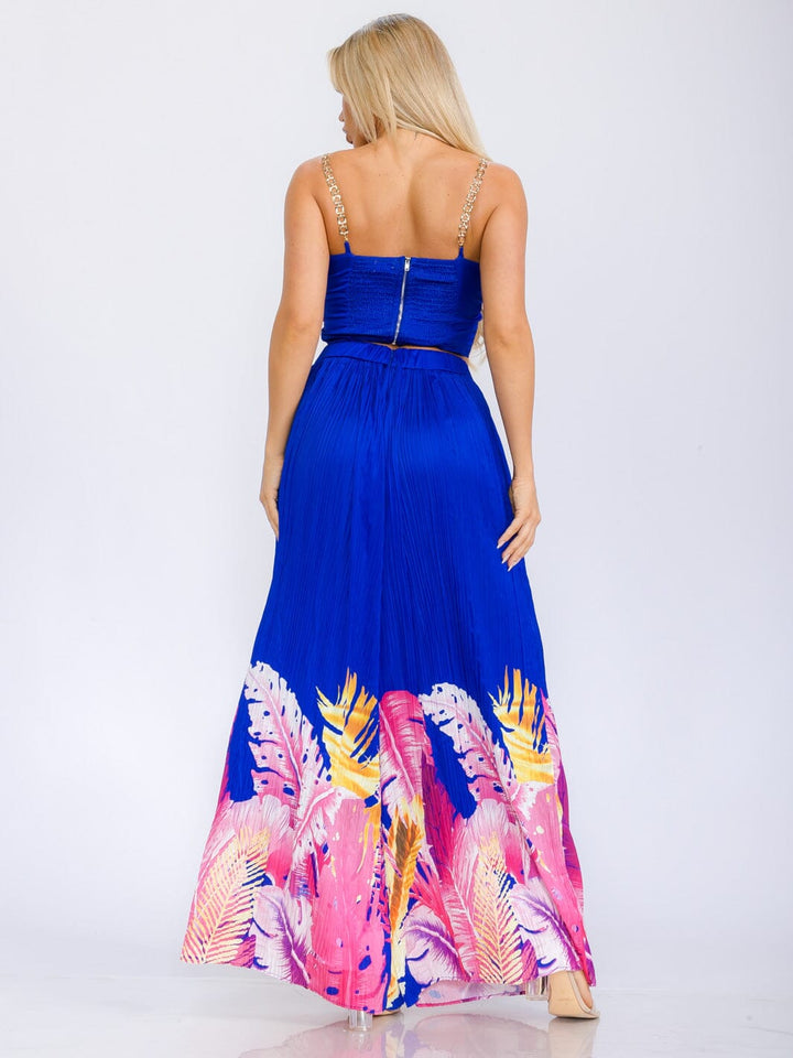 WOMEN'S SLEEVELESS CROP TOP & ELASIC WAIST WIDE LEG PANTS FLORAL 2PC. SET