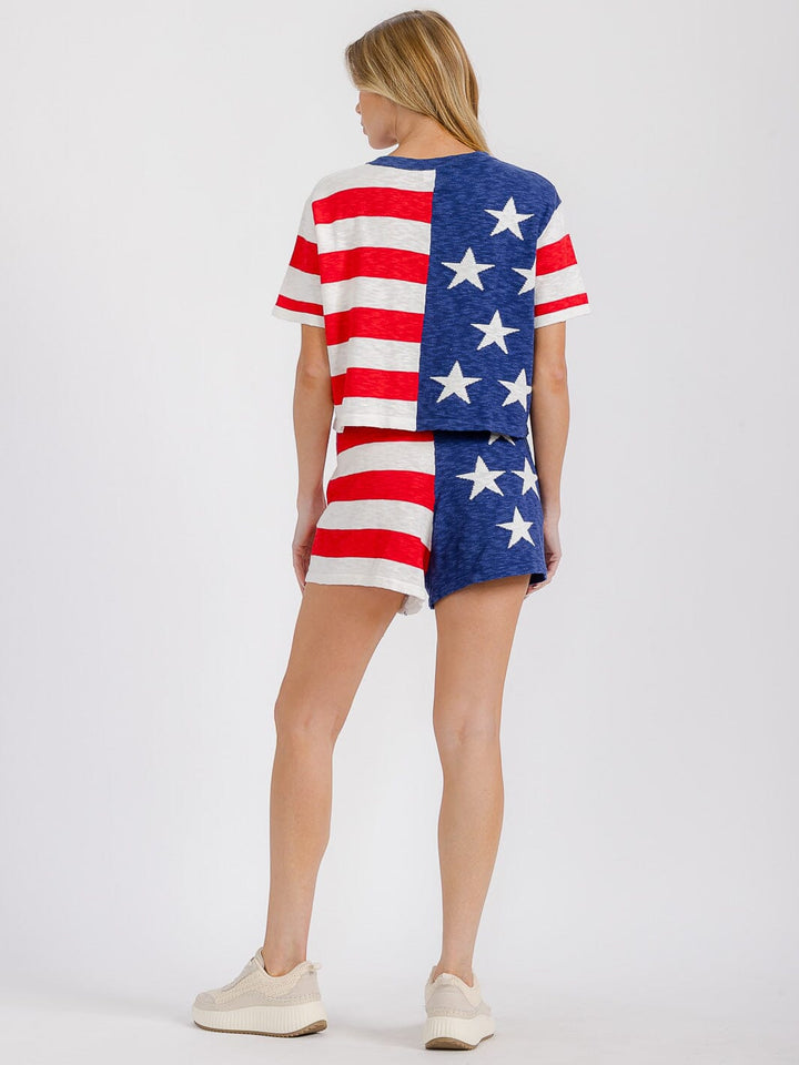 WOMEN'S SHORT SLEEVE TOP & ELASTIC WAIST SHORTS AMERICAN FLAG 2PC. SET
