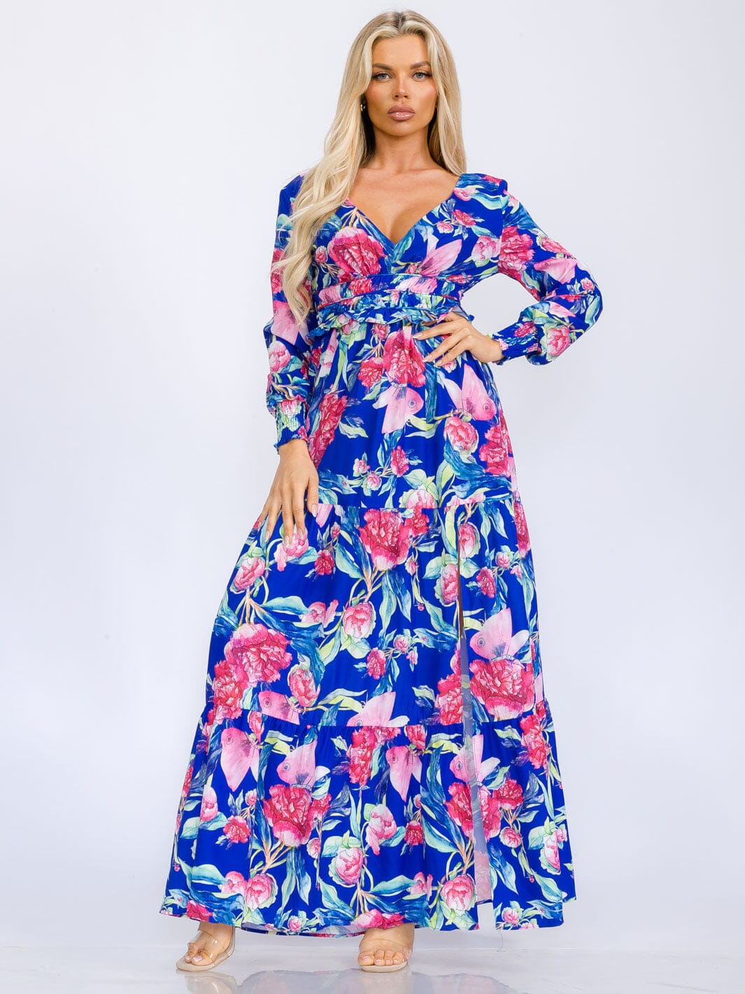 WOMEN'S LONG SLEEVE V-NECK FRONT SLIT FLORAL PRINT MAXI DRESS