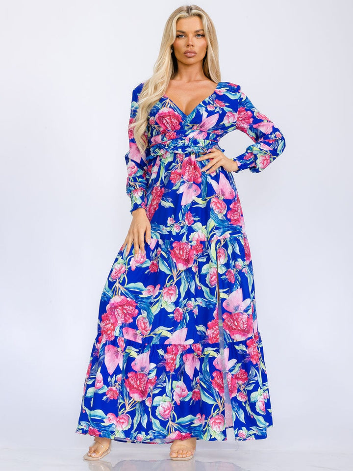 WOMEN'S LONG SLEEVE V-NECK FRONT SLIT FLORAL PRINT MAXI DRESS