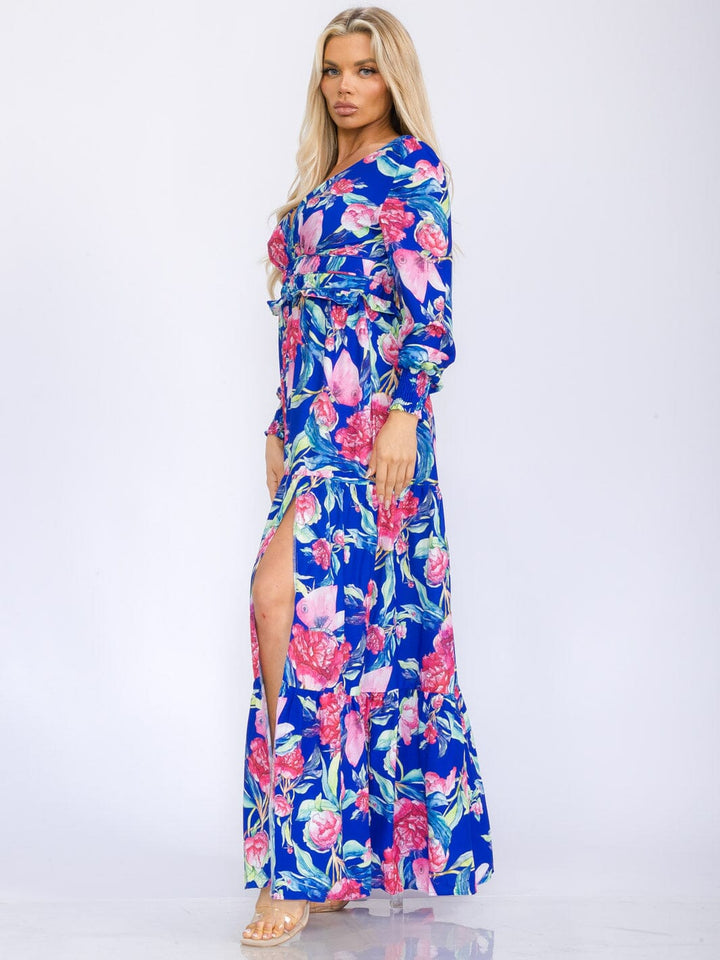 WOMEN'S LONG SLEEVE V-NECK FRONT SLIT FLORAL PRINT MAXI DRESS
