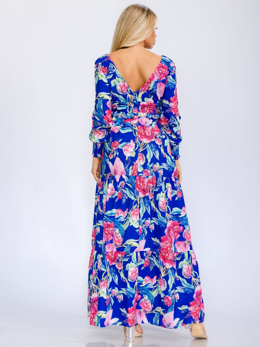 WOMEN'S LONG SLEEVE V-NECK FRONT SLIT FLORAL PRINT MAXI DRESS
