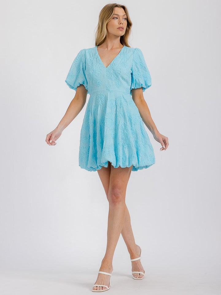 WOMEN'S SHORT PUFF SLEEVE V-NECK DETAILED FIT & FLARE MINI DRESS