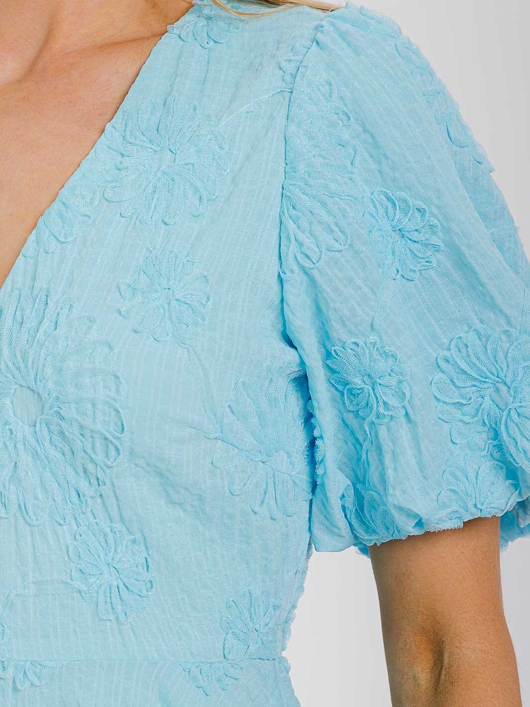WOMEN'S SHORT PUFF SLEEVE V-NECK DETAILED FIT & FLARE MINI DRESS
