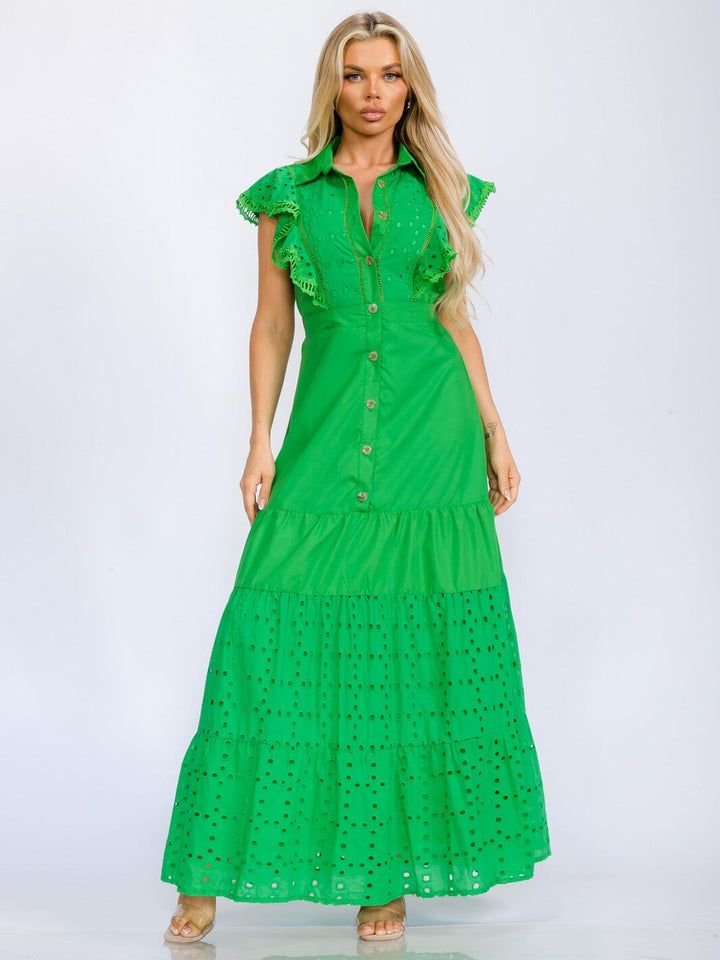WOMEN'S RUFFLE SLEEVE BUTTON UP EYELET DETAILED MAXI DRESS