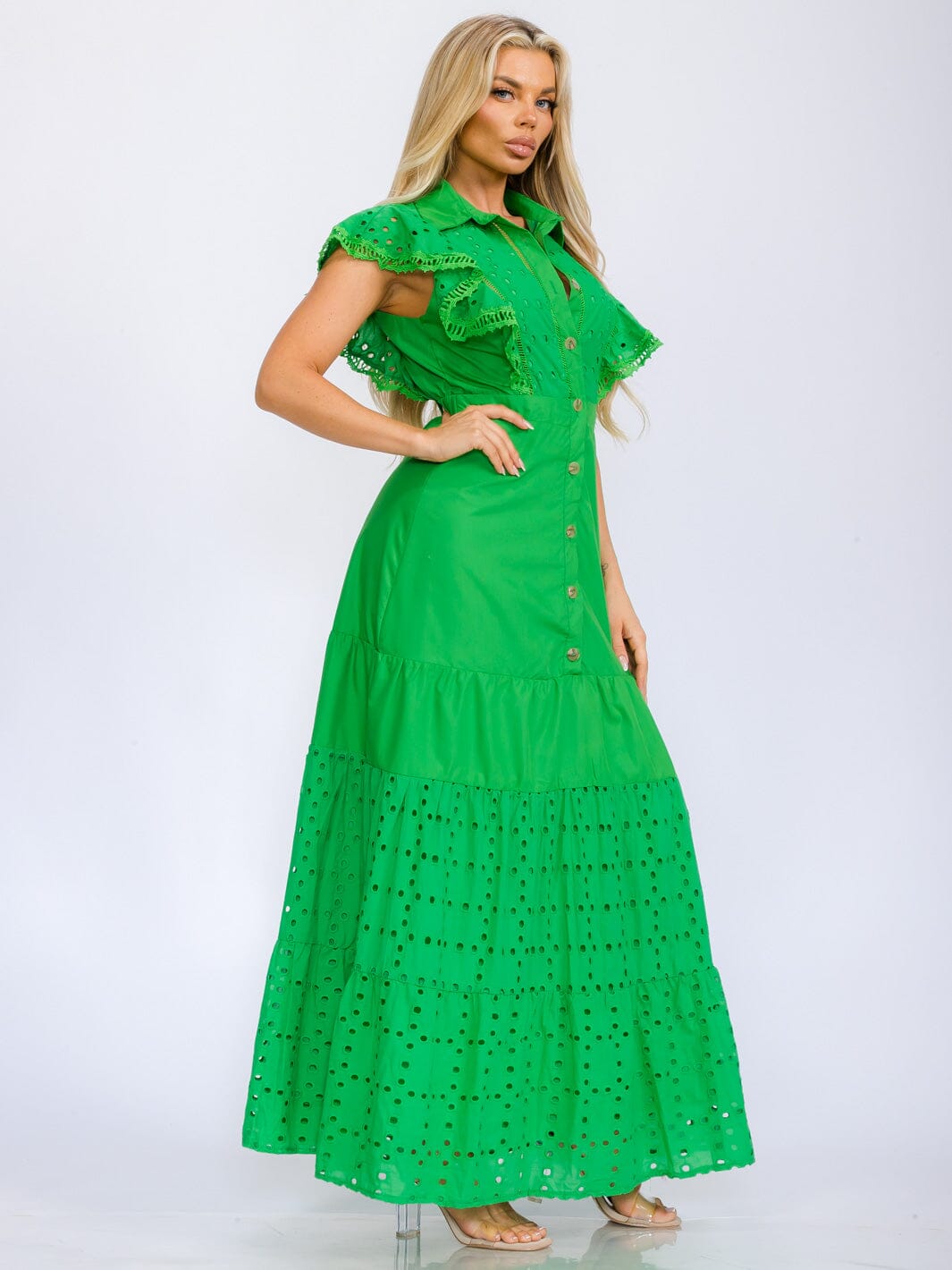 WOMEN'S RUFFLE SLEEVE BUTTON UP EYELET DETAILED MAXI DRESS