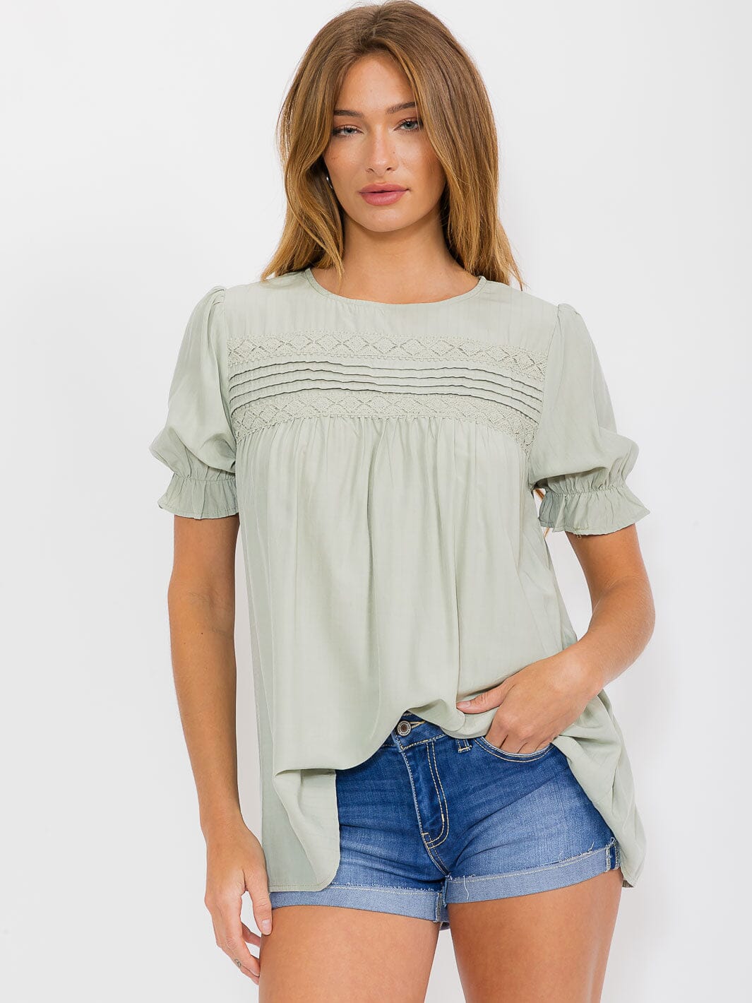 WOMEN'S SHORT SLEEVE CROCHET DETAILED TUNIC BLOUSE