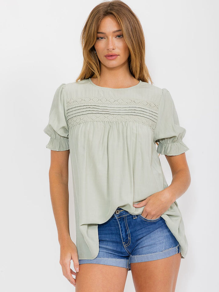 WOMEN'S SHORT SLEEVE CROCHET DETAILED TUNIC BLOUSE