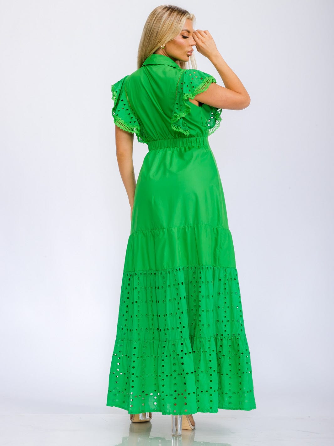 WOMEN'S RUFFLE SLEEVE BUTTON UP EYELET DETAILED MAXI DRESS