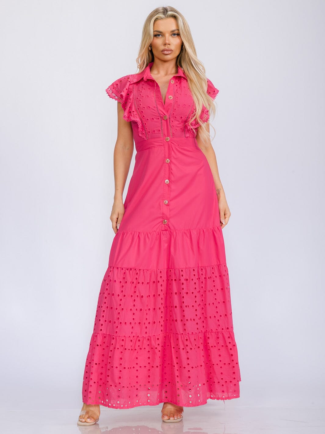 WOMEN'S RUFFLE SLEEVE BUTTON UP EYELET DETAILED MAXI DRESS
