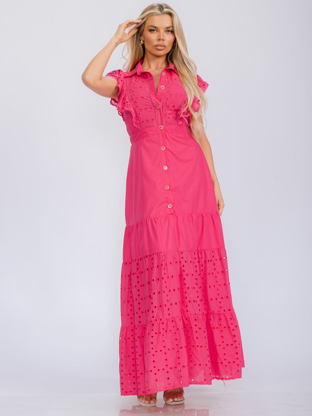 WOMEN'S RUFFLE SLEEVE BUTTON UP EYELET DETAILED MAXI DRESS