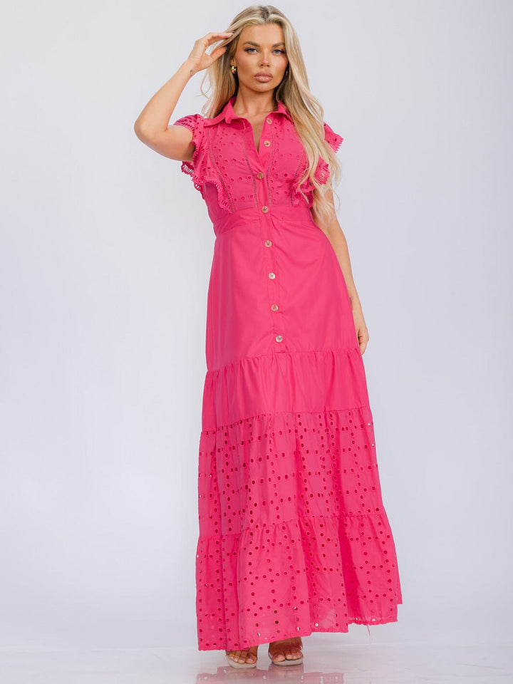 WOMEN'S RUFFLE SLEEVE BUTTON UP EYELET DETAILED MAXI DRESS