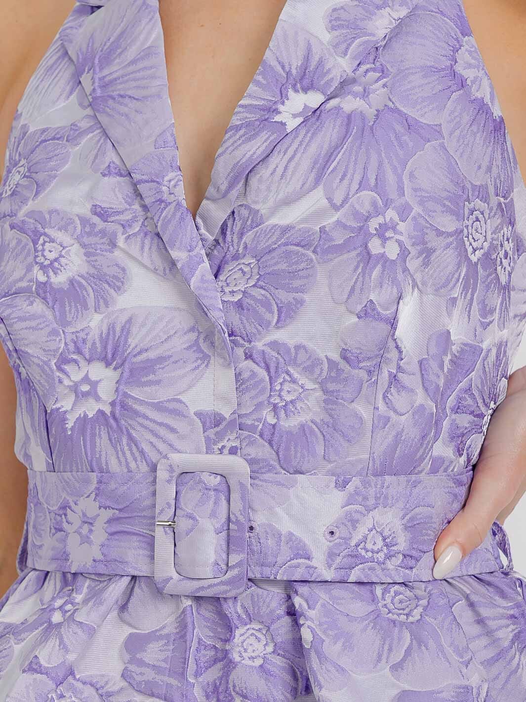 WOMEN'S SLEEVELESS SURPLICE OPEN BACK BELTED FLORAL MINI DRESS