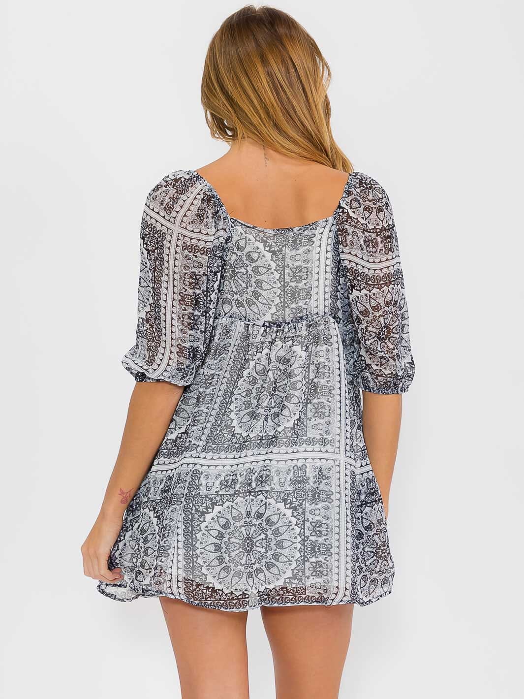 WOMEN'S SHORT SLEEVE SQUARE NECK MULTI PRINT TUNIC BLOUSE