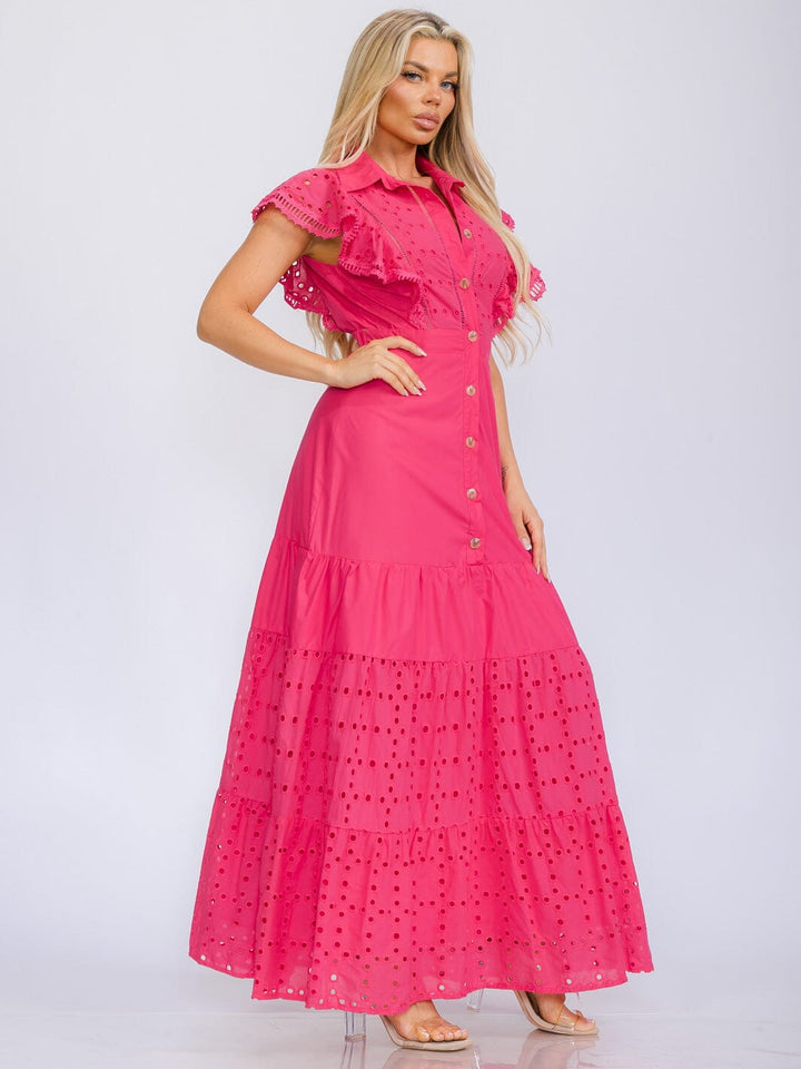 WOMEN'S RUFFLE SLEEVE BUTTON UP EYELET DETAILED MAXI DRESS