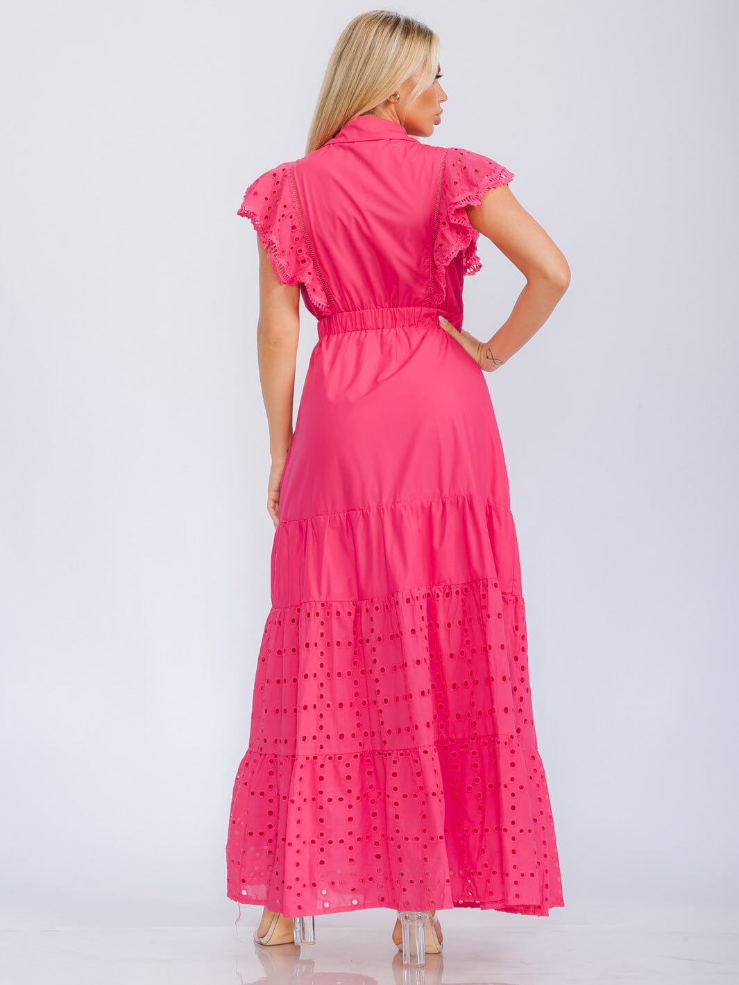 WOMEN'S RUFFLE SLEEVE BUTTON UP EYELET DETAILED MAXI DRESS