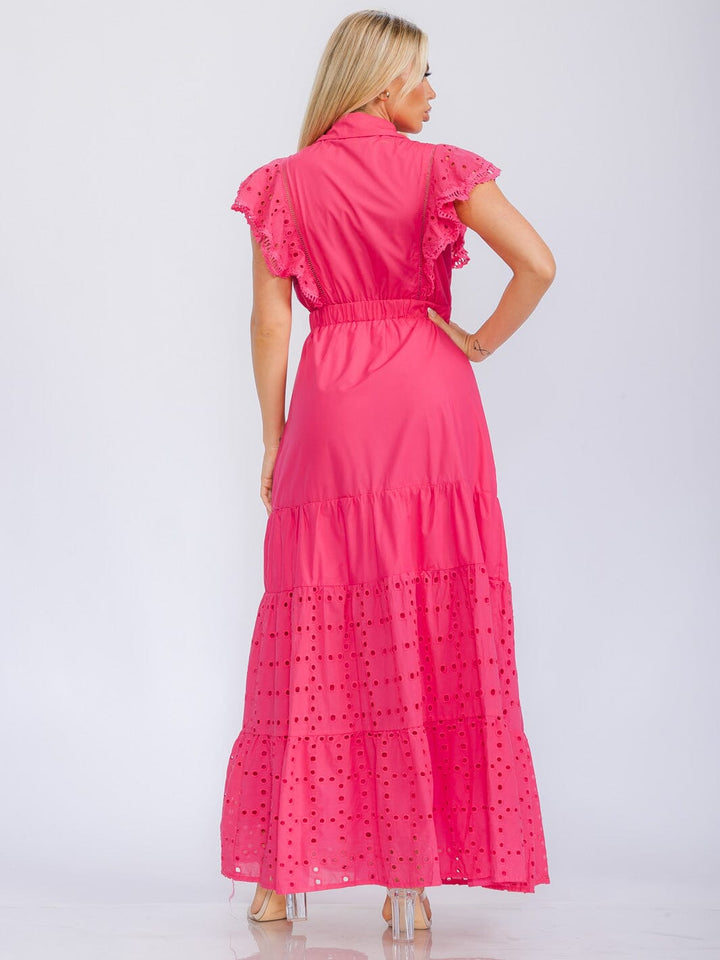 WOMEN'S RUFFLE SLEEVE BUTTON UP EYELET DETAILED MAXI DRESS