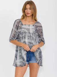 WOMEN'S SHORT SLEEVE SQUARE NECK MULTI PRINT TUNIC BLOUSE