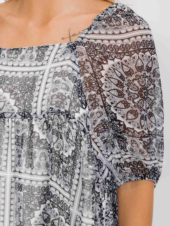 WOMEN'S SHORT SLEEVE SQUARE NECK MULTI PRINT TUNIC BLOUSE