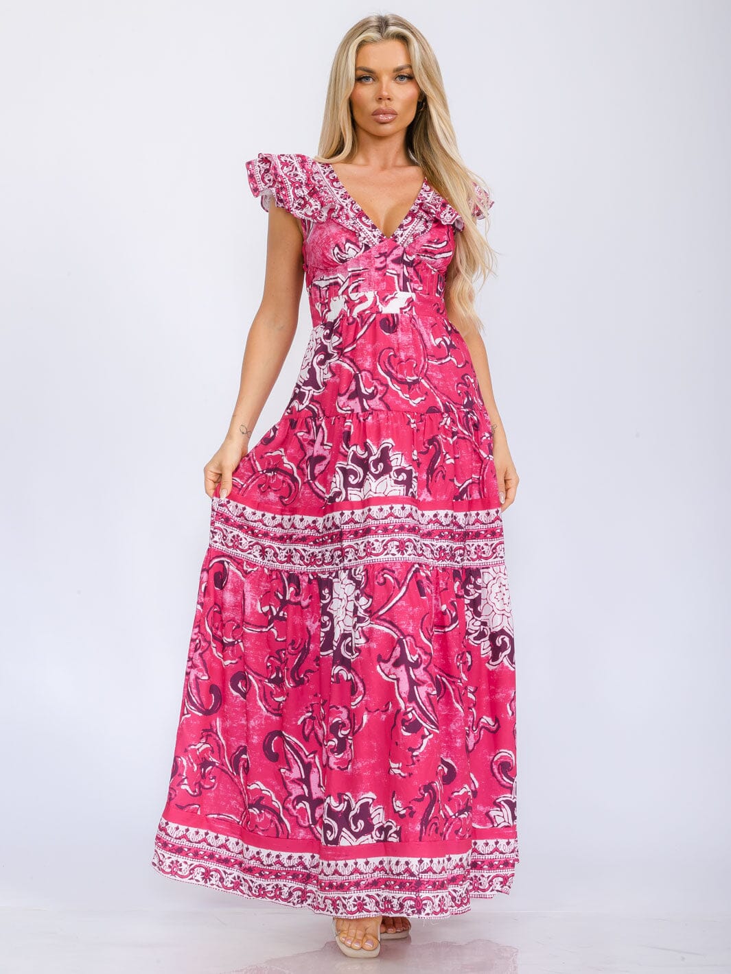 WOMEN'S RUFFLE SLEEVE V-NECK TIERED MULTI PRINT MAXI DRESS